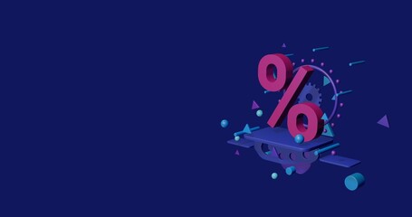 Fototapeta premium Pink percent symbol on a pedestal of abstract geometric shapes floating in the air. Abstract concept art with flying shapes on the right. 3d illustration on indigo background