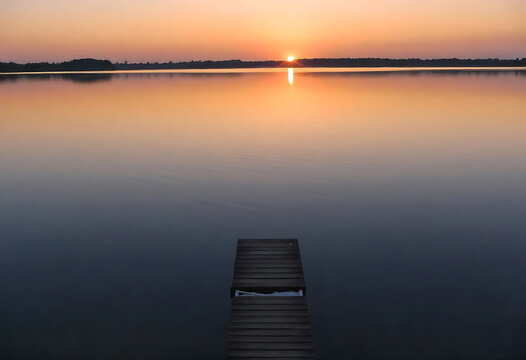 Serene sunset over calm lake waters with wooden dock leading towards horizon - Powered by Adobe
