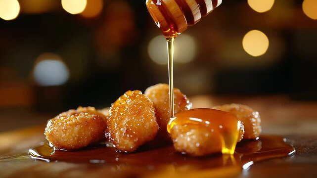Close-up of golden-brown crispy chicken nuggets glistening under a drizzle of thick amber honey, arranged artfully on a rustic wooden table