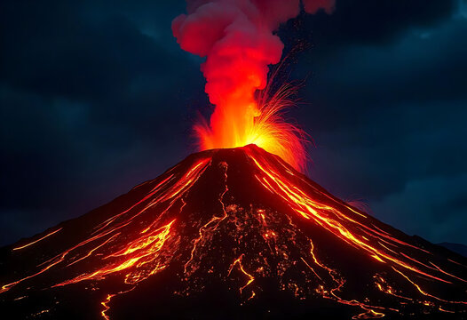 Spectacular illustration of an active volcano erupting lava against a dark night sky