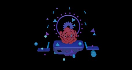 Red rose on a pedestal of abstract geometric shapes floating in the air. Abstract concept art with flying shapes in the center. 3d illustration on black background