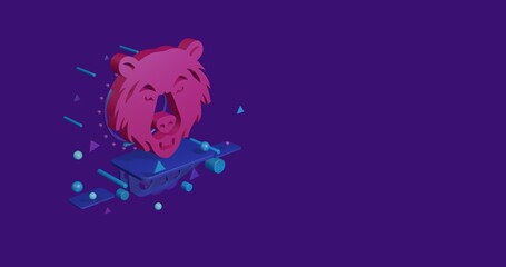 Pink bear head symbol on a pedestal of abstract geometric shapes floating in the air. Abstract concept art with flying shapes on the left. 3d illustration on deep purple background