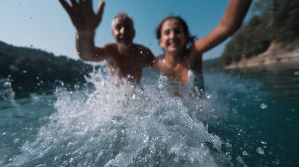Man and woman jumping into lake.