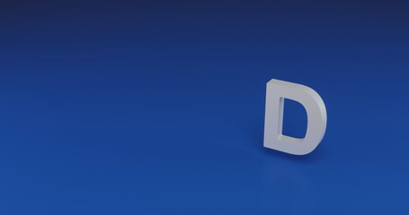 Isolated realistic white capital letter D symbol with shadow. Located on the right side of the scene. 3d illustration on transparent background