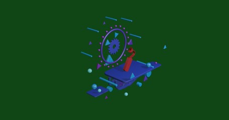 Red dynamite symbol on a pedestal of abstract geometric shapes floating in the air. Abstract concept art with flying shapes in the center. 3d illustration on green background