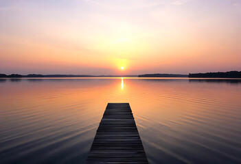 Obraz premium Tranquil sunset scene over a calm lake featuring a wooden pier and reflection