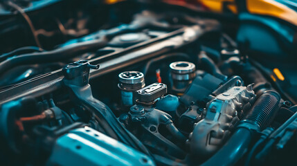 Fototapeta premium A white car is parked in a factory with many other cars and machinery. The car is surrounded by orange cones and yellow lines, indicating that it is in a restricted area