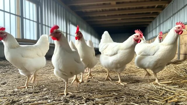 Cluster of clean white chickens with red combs standing alert in a spacious commercial poultry shed, metal feeding lines and straw-covered floor visible