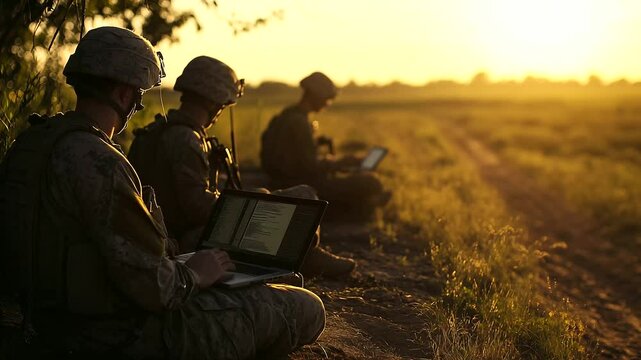 Combat unit prepared beside dirt trail at dusk, long shadows cast over determined faces, commander sits cross-legged under camouflage netting, transmitting satellite message via mi