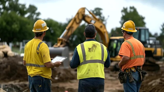 Construction workers reviewing plans together on a tablet at the worksite, digital tools visible on the screen, while backhoes and excavators operate in the background