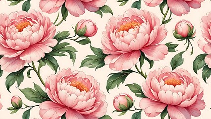 Elegant Pink Peonies Floral Seamless Pattern Watercolor Botanical Design