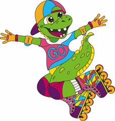 Colorful Cartoon Dinosaur Jumping – Vector Illustration