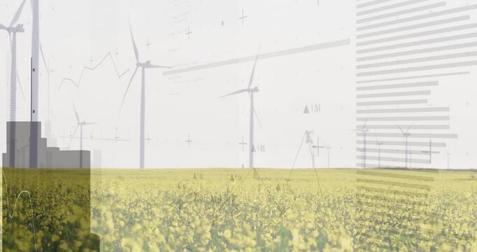 On markers appearing turbine icons animating bars rising and line sweeping showing energy trends