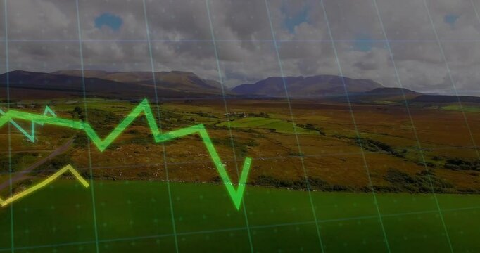 Grid, rain streaks appearing while colored line graphs animating over moorland showing data trends