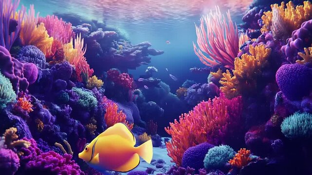 Vibrant underwater scene showcasing a yellow fish swimming through colorful coral reefs in a serene ocean