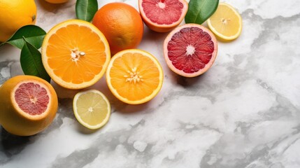 Assorted citrus fruits on marble surface