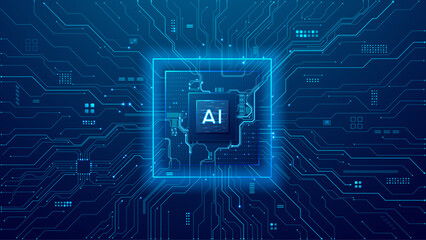 AI microchip on blue digital circuit board. Modern technology background. AI innovation concept. Artificial 3D semiconductor detailed electronics components. PCB light blue vector layout illustration
