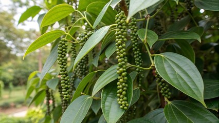 White peppercorn spikes on pepper tree in lush green garden