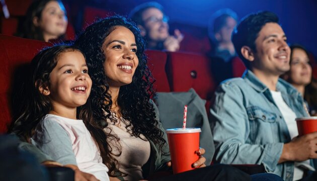  Joyful family watching movie in cinema