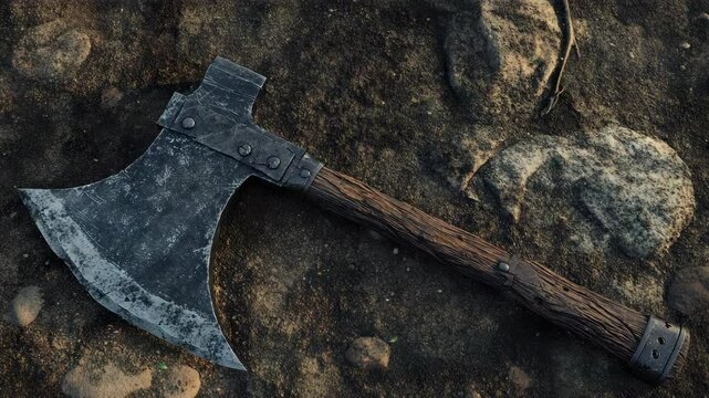An axe laying on the ground with rocks in the background
