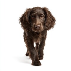 Boykin Spaniel Portrait, walking towards camera, clean outline, isolated background