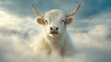 Fototapeta premium Close-up of a white goat with curved horns against a cloudy sky background