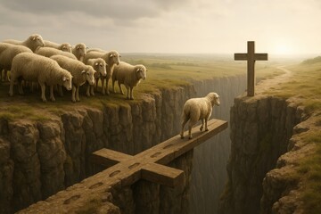 One sheep walks across a wooden cross used as a bridge over a canyon toward salvation, while the flock hesitates. Symbol of faith, Jesus as the way, and the path to eternal life