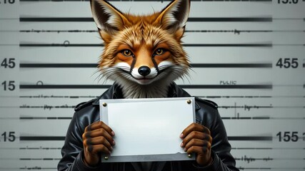 Cartoon fox in leather jacket holding blank sign in front of police lineup wall. Concept of criminal parody