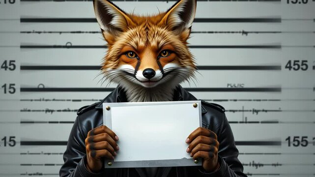 Cartoon fox in leather jacket holding blank sign in front of police lineup wall. Concept of criminal parody