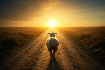 Lamb walking alone on a dirt path toward a bright horizon at sunrise. Strong visual metaphor of hope, salvation, spiritual journey, and the contrast between darkness and light
