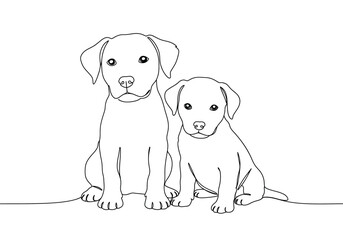 Dog and puppy drawing. It is a black and white outline image of a dog and puppy, a loyal and adorable canine pair. Vector sketch line art draw.