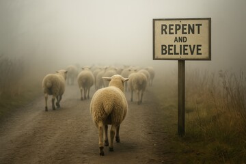 Sheep walking a foggy path toward a sign reading Repent and Believe. Symbolic image of faith amid uncertainty, spiritual awakening, conviction, and the call to follow truth despite fear