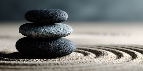 Balanced stack of three smooth dark grey basalt Zen stones, central on fine light sand with raked patterns. Soft overhead light creates serene, calming, spa-like mood.