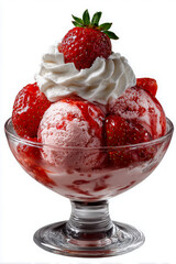 Delicious strawberry ice cream sundae with whipped cream