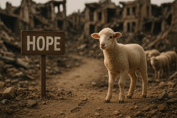 Lamb standing beside a HOPE sign in the ruins of a destroyed city. Striking contrast of innocence and destruction, symbolizing Christian hope, spiritual comfort, and faith amid chaos