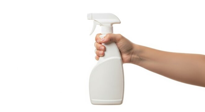 Hand Holding a White Plastic Spray Bottle Against White Background