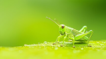 Close up of a vibrant green grasshopper perched on a lush green leaf.  Nature, insect, macro photography concept.