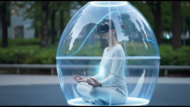 Augmented Reality Meditation Bubble in Urban Park, Wellness Tech Concept
