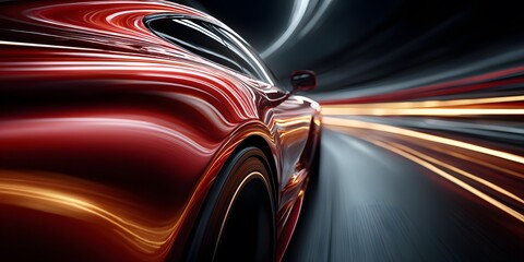 Gleaming metallic red sports car panel close-up. Strong curve, light streaks on polished surface imply speed. Dark, moody. Sleek, modern, luxurious.