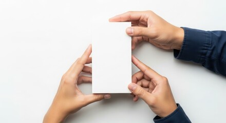Obraz premium Two Hands Sharing a Blank White Rectangular Card
