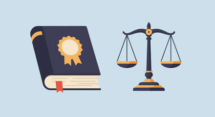 Illustration of a law book and scales of justice symbolizing legal education and fairness