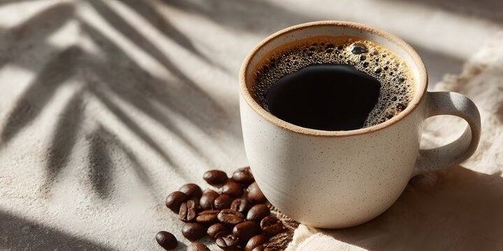Steaming hot black coffee in minimalist white mug on light wood. Roasted beans scattered beside. Soft morning window light creates gentle highlights. Warm, inviting.