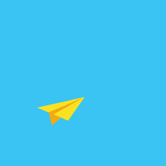 Bright blue background with a vibrant yellow paper airplane soaring through the sky