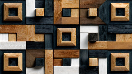 A dynamic blend of wooden blocks arranged in an abstract geometric mosaic pattern.