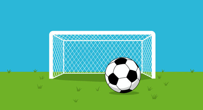 A soccer ball rolls towards an empty goal on a vibrant green field under a clear blue sky
