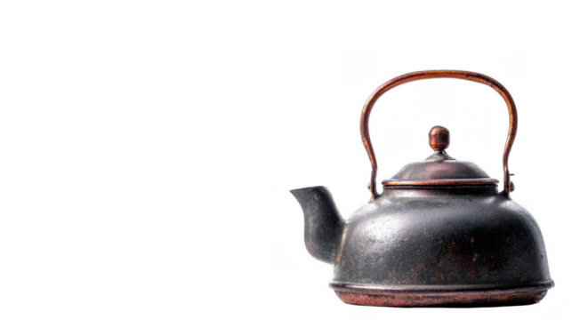 Featuring an old, dark kettle with a copper handle and lid, isolated against a transparent background, perfect for enhancing various graphic design projects with a vintage touch - Powered by Adobe