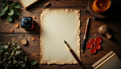 natural flat lay of antique calligraphy supplies with ink bottle, gold nib pen, aged parchment