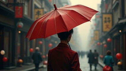 Rainy Asian Street Scene with Red Umbrella and Lanterns, Back View