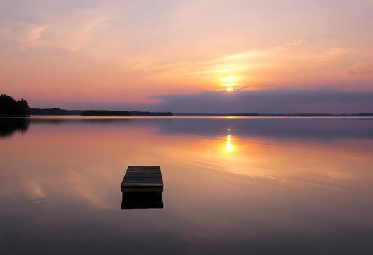 Beautiful sunset over calm lake with dock reflecting vibrant colors and sunlight