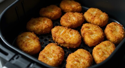 Chicken Nuggets Just Out of Air Fryer Glowing With Perfect Crust in Evening Kitchen Ambiance